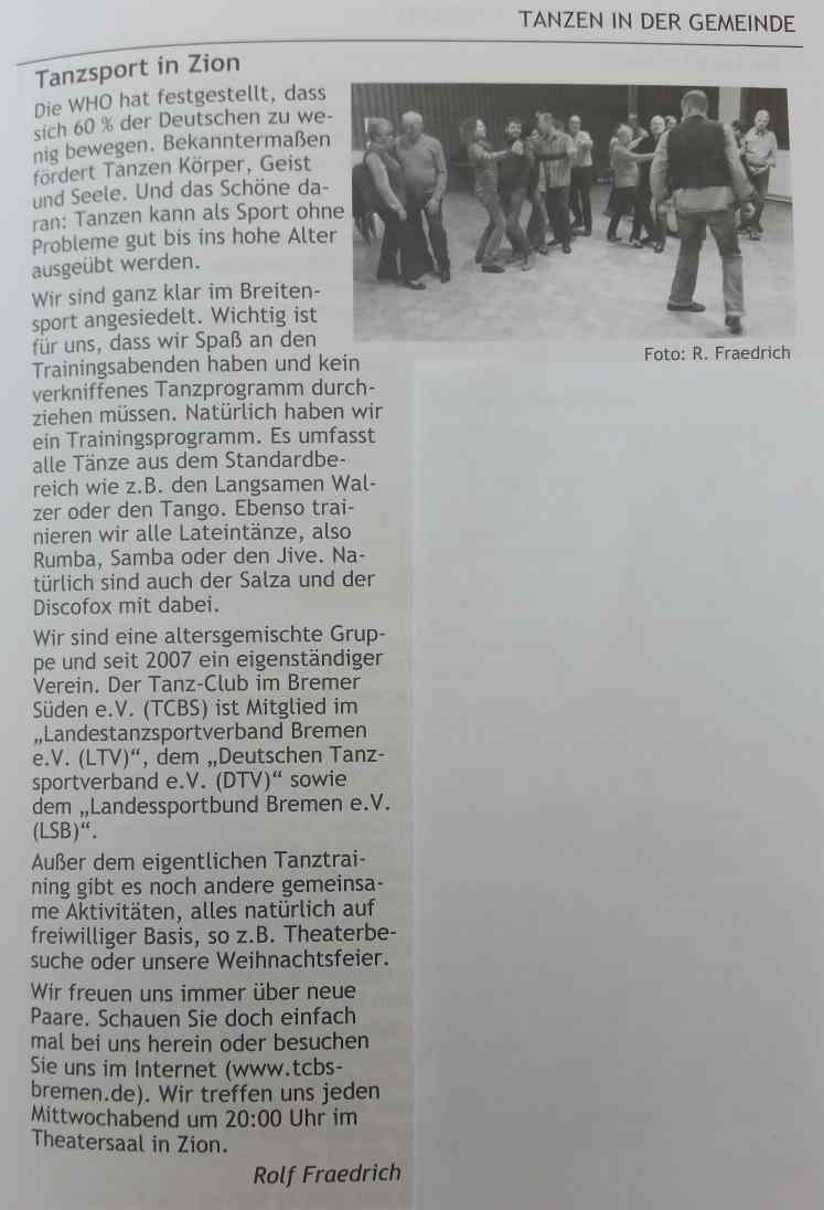 TCBS im Gemeindebrief. Foto TCBS / Rolf Fraedrich